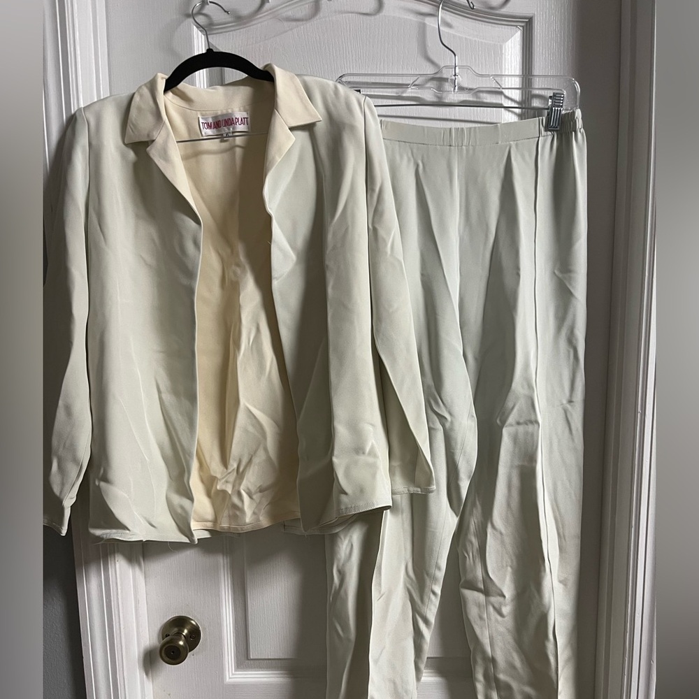 Tom and Linda Platt Cream 2 Piece Satin Suit Set
